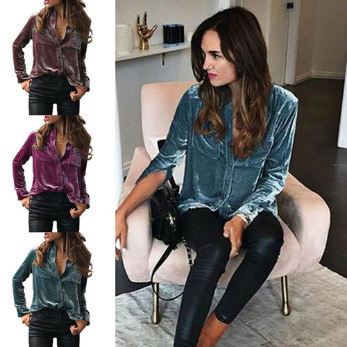 European and American new women's clothing spring and autumn velvet shirt, long-sleeved lapel women's clothing, gold velvet top, shirt, hot fashion