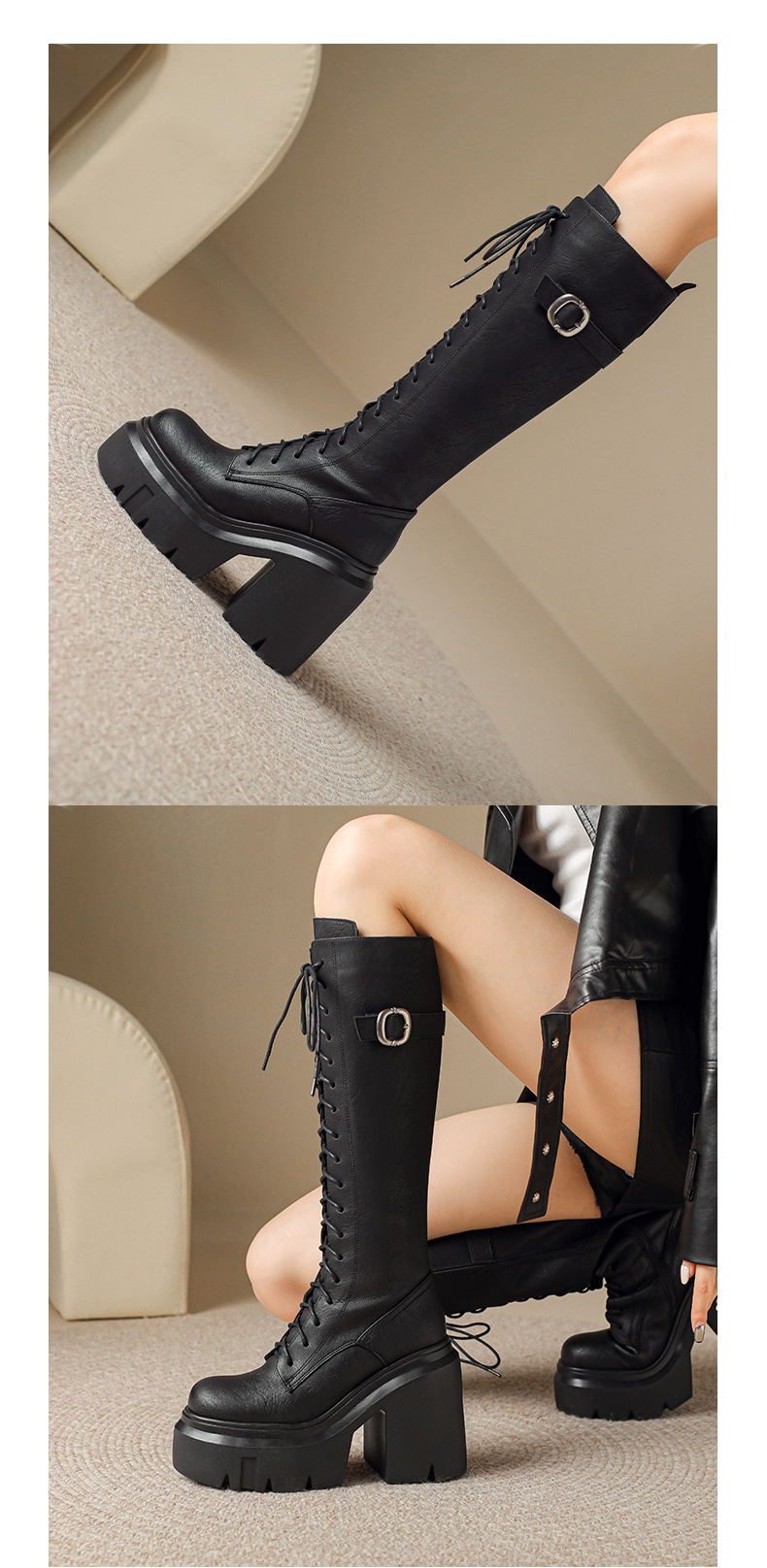 Boot nữ da thật cổ cao dây buộc gót 12 cm đế dày — Lót nhung đen chi tiết 4