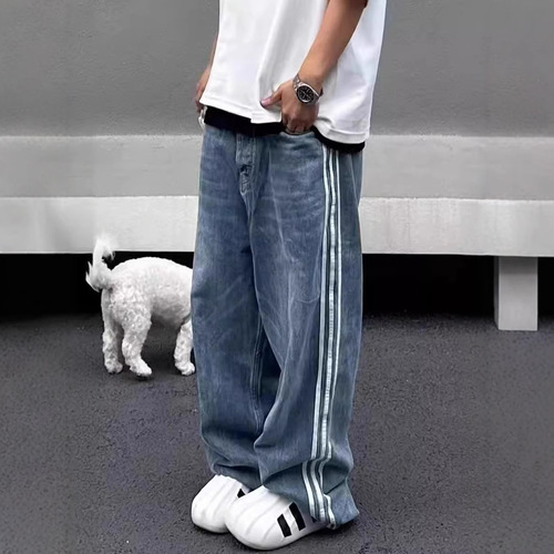 Relaxed jeans, Harajuku retro striped high-quality sports pants for men and women, casual wide-leg jeans, streetwear clothing