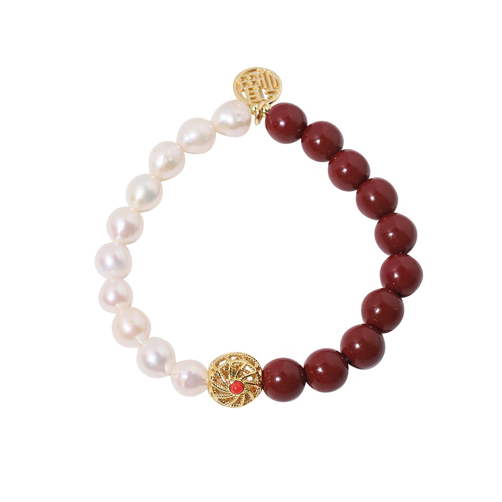 Retro auténtico cintabrio Jintao azul Fu mano de perlas de agua dulce natural temperamento de pulsera multifacé para la esposa de la novia