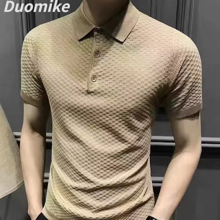Nueva Camiseta de manga corta de seda de hielo a rayas casual ropa superior de los hombres delgados simples suéter de moda