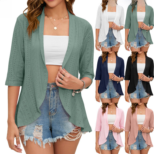 Amazon  European and American cross-border foreign trade summer new solid color cardigan jacket 700-sleeved ruffle top for women