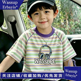 wass 夏季男童百搭条纹T恤短袖休闲卡通印花儿童纯棉宽松圆领上衣