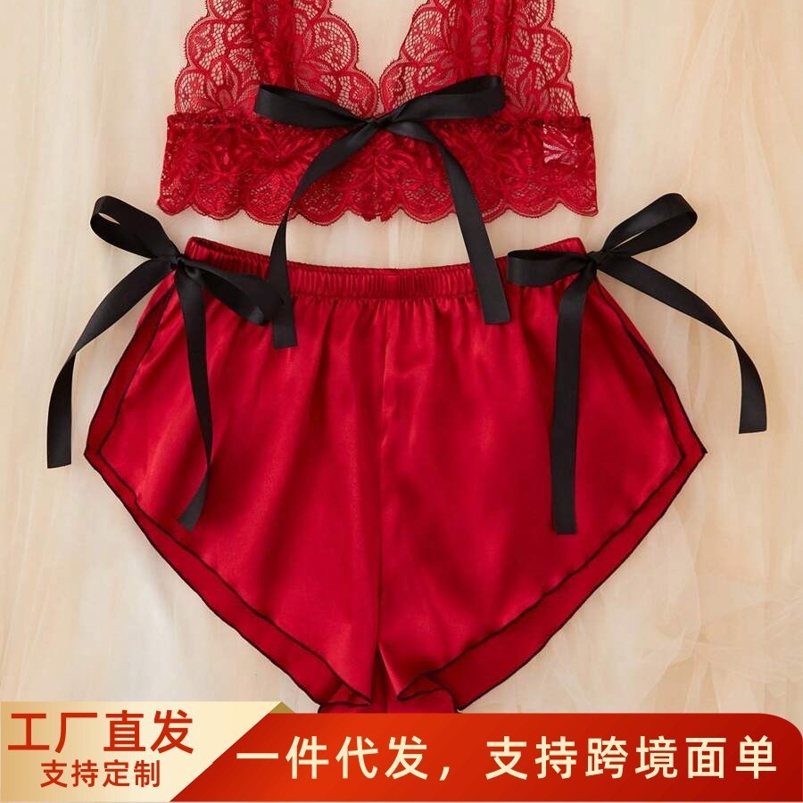 European and American Sexy Slit Shorts Lace Cut Out Bow Suspender Bra Sexy Intimates Pajamas Set Red Women