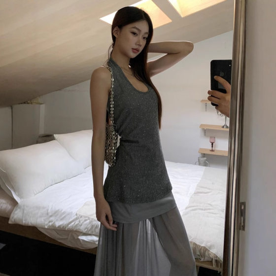 A-Line Skirt for Women 2025 Summer New Style Niche Long Skirt Gray Hip-Covering High-Waist Slim Chiffon Skirt