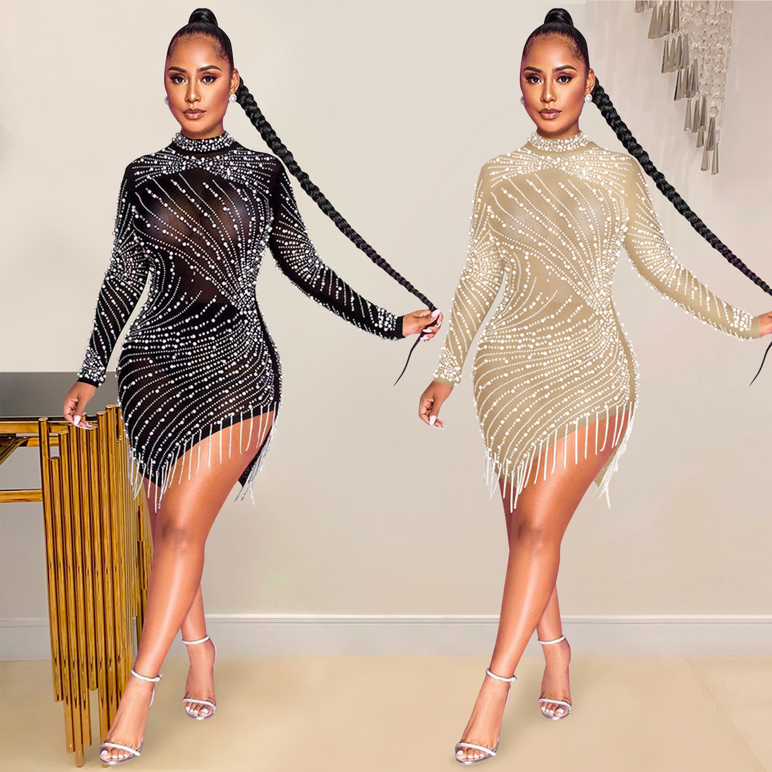 X5216 transfronterizo nueva Europa y América sexy club nocturno de malla transparente rhinestone burbuja borla de cuentas de cuello redondo Vestido de manga larga