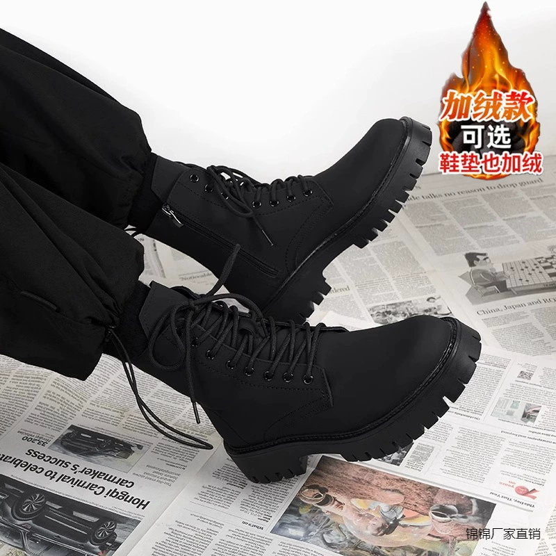 Martin сапоги мужской 2024 осень и зима новая толстая подошва британский стиль черный артекарский сапоги плюс бархат теплая и холодостойкая кожа парчи