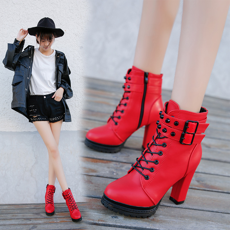 Cross-Border Spot European and American High-Heeled Fashion Boots Winter New Thick Heel Rivet Belt Buckle Side Zipper Short Boots for Women Wish
