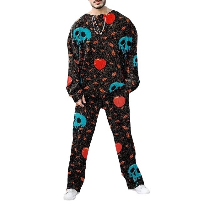 Colorido estilo personalizado estampado de dos piezas guapo otoño nuevo color contraste estilo Hong Kong cuello redondo camiseta pantalones ME6-MR10