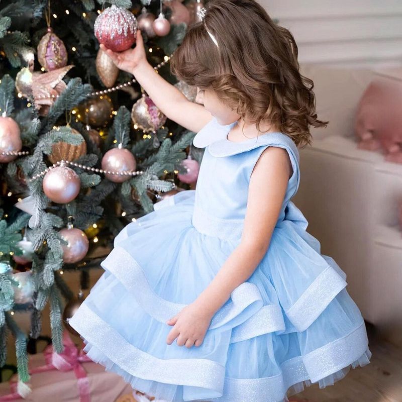 Light Blue Princess Tulle Dress For Girls – B-Class Polyester Puffy Party Gown For Flower Girls & Special Occasions (80-160cm)_voghion.com