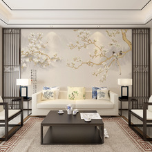 中式手绘花鸟电视背景墙纸花开富贵客厅壁画简约卧室茶室影视墙布