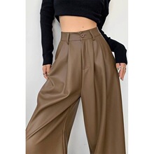 秋冬2025新款大码胖mm咖色阔腿PU皮裤女宽松直筒垂感显瘦休闲裤子