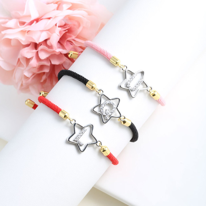 Cross-Border New Style 26 Silver Five-Pointed Star Cut Out English Initials Micro-Dense Zirconium 18K Gold Adjustable Bracelet Wholesale