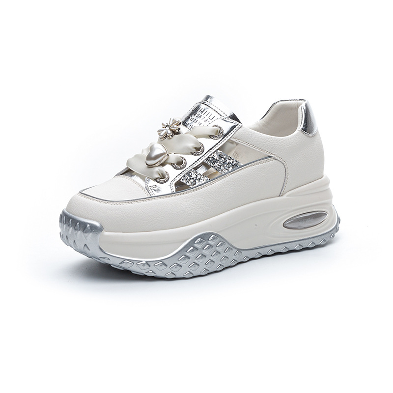 Giày sneaker nữ chunky đế dày da rỗng mùa hè 2025 tăng chiều cao — M2583 màu vàng kim, M2583 màu bạc