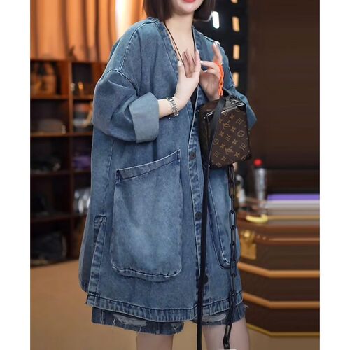 Spring large size new retro casual denim washed coat parquet all-matching artistic loose top cardigan