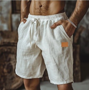 New Cotton and Linen Leather Shorts Drawstring Elastic Waist Straight Leg Solid Color Breathable Daily Beach Five-Point Casual Mid-Pants for Men