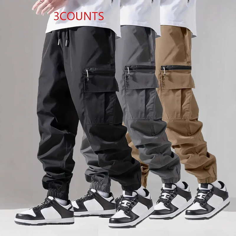 Men's Fashionable Workwear Jogger Pants with Pockets, Breathable Drawstring Men's Bottoms, Suitable for City Walking