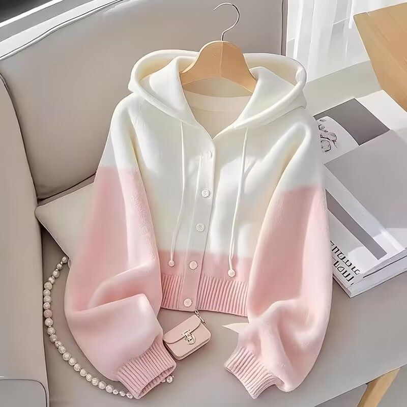 [Yang Rong Shijia] Gradient Color Hooded Knitted Cardigan for Women, New Style, Age-Reducing, Loose-Fitting, Long-Sleeved Sweater Jacket Top
