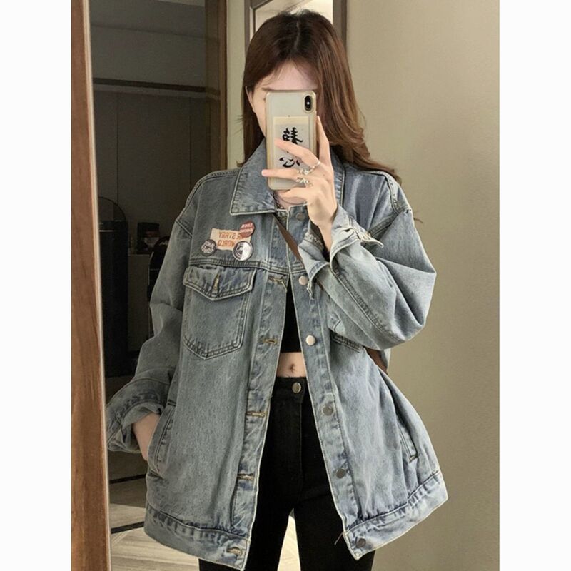 High Street American Washed Denim Jacket for Women Spring and Autumn Retro Loose Large Size Casual Versatile Work Jacket Top