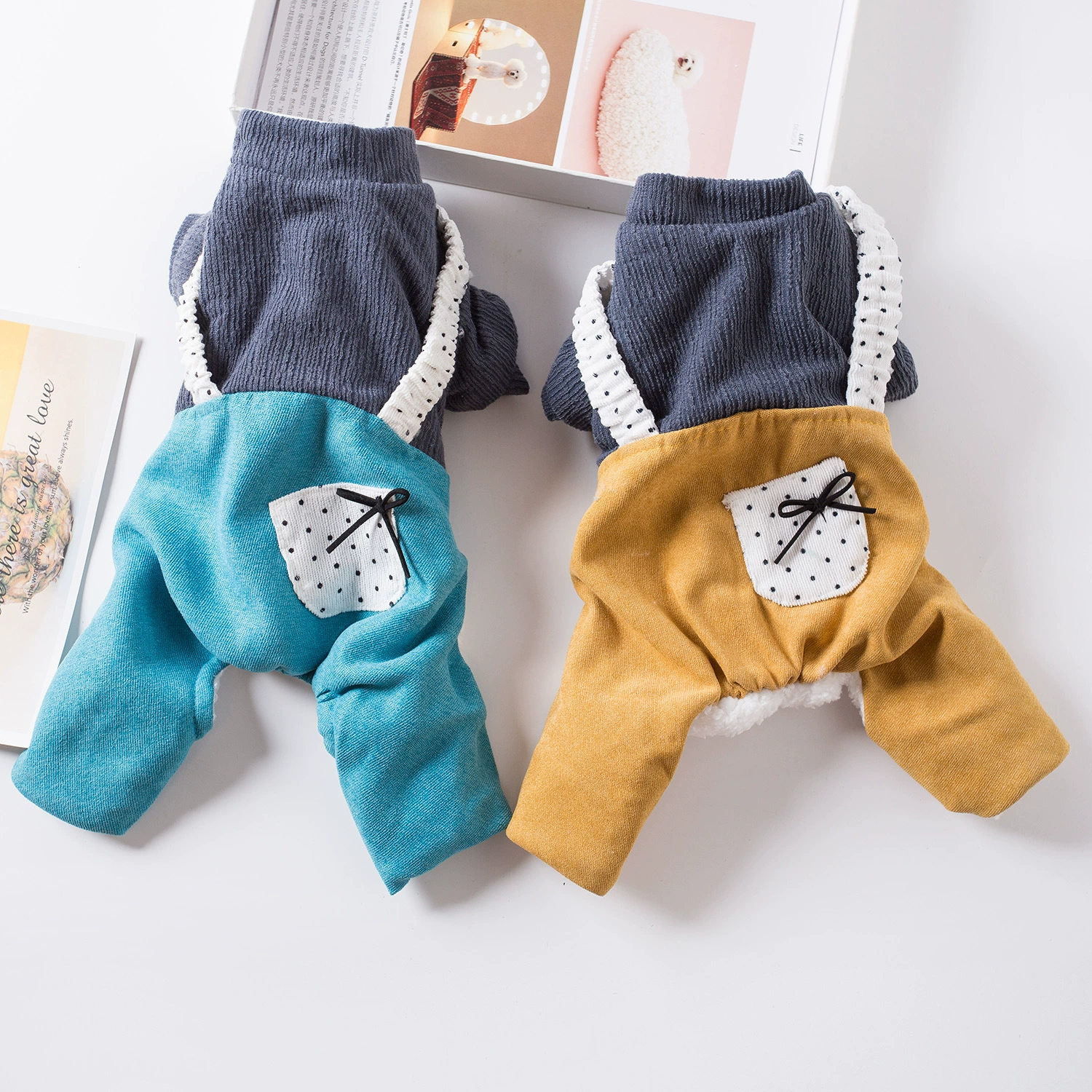 Осенне-зимние теплые эластичные подтяжки для собак, искусственная одежда из двух частей на четырех ножках, одежда для средних и маленьких собак