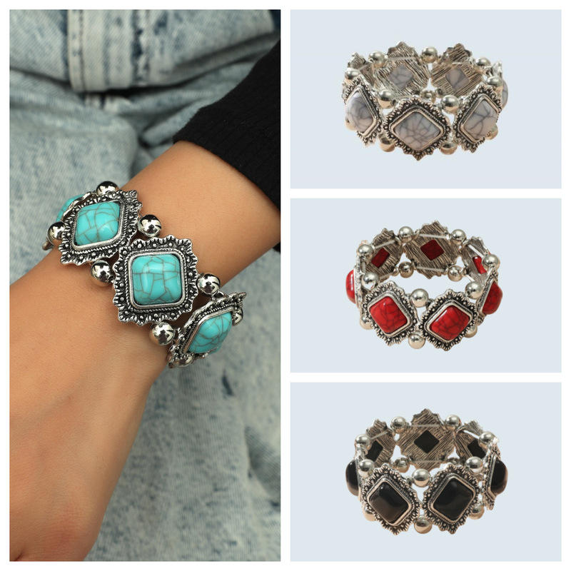 European and American cross-border ethnic style personalized retro alloy turquoise stretch bracelet female Bohemian bracelet jewelry wholesale