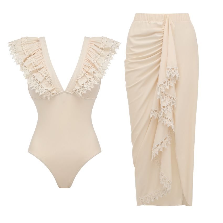 Roupa feminina > Maiô feminino slim fit de uma peça, cor sólida, com detalhes em renda, conjunto de maiô moderno e sexy, perfeito para praia e piscina._voghion.com