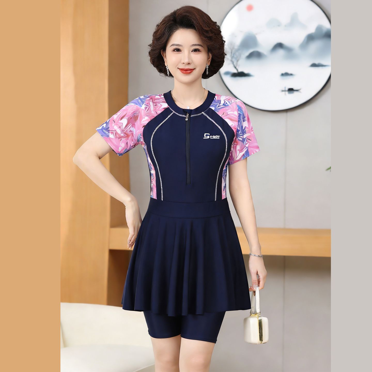 Women's Two-Piece Swimsuit with Five-Point Shorts, Plus-Size Conservative Style for Middle-Aged and Elderly, Tummy-Covering, Slightly Plus-Size, Large Size Hot Spring Swimwear
