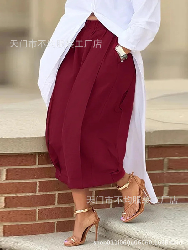 跨境欧美亚马逊外贸新款纯色宽松舒适休闲松紧腰显瘦七分阔腿裤女|undefined