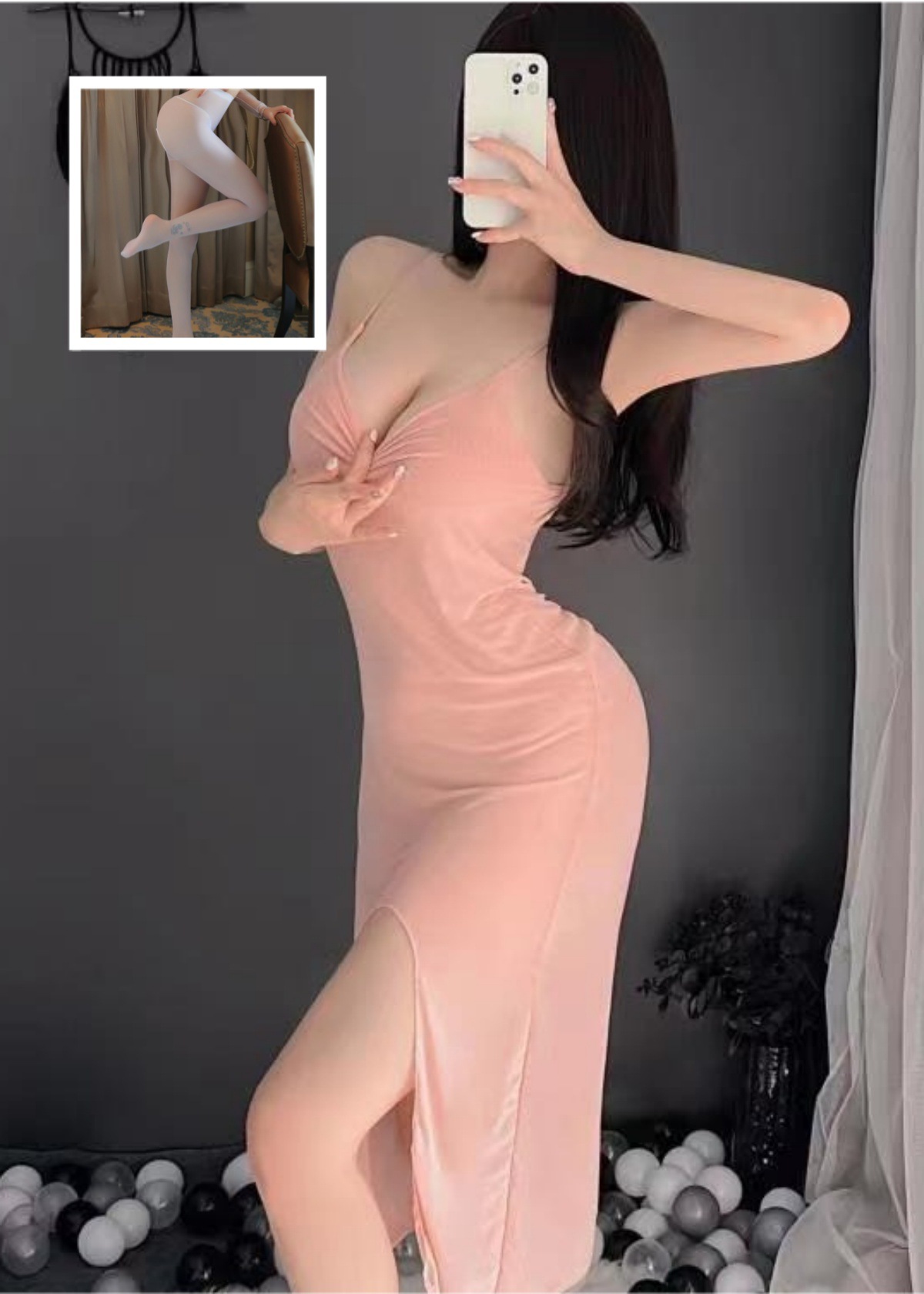 스킨 컬러 (롱 스커트 + T 바지) + 흰색 오픈 양말