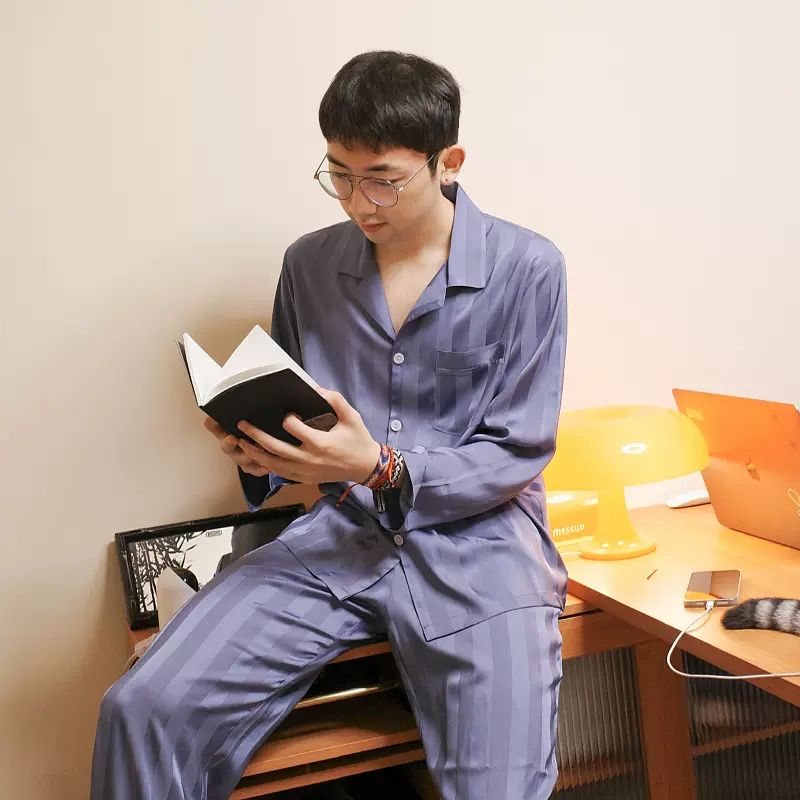 现货经典款丝绸男士家居服套装条纹湖蓝色轻奢风冰丝睡衣男可外穿