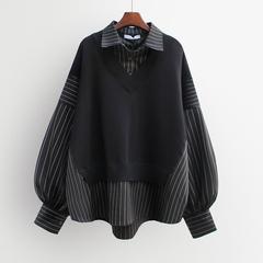 2025 春と秋のステッチ偽ツーピースシャツ女性の韓国スタイルルーズスウェットシャツ痩身シャツトップ
