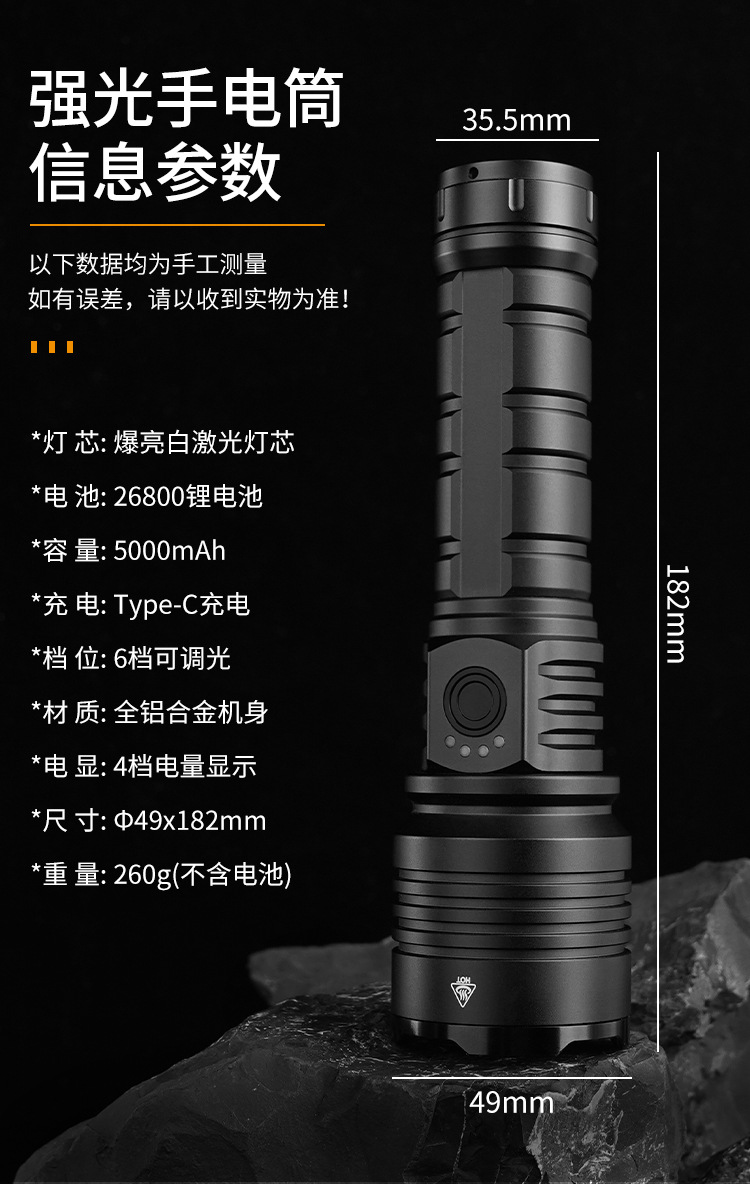 Cross-Border New Model Canglong White Laser Led Lighting Flashlight, Rechargeable, Zoomable, Outdoor Long-Range, High-Power, Ultra-Bright
