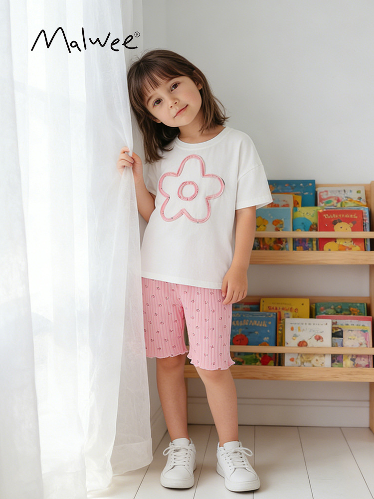 Malwee transfronterizo niñas dos piezas de verano nuevo estilo europeo y americano niños pequeños lindos niñas de cuello redondo manga corta conjunto