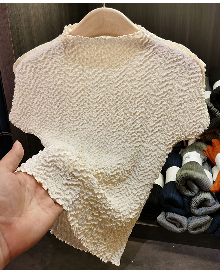 Áo thun nữ cổ tròn tay ngắn họa tiết dứa jacquard xếp ly mùa hè — Màu xanh lam nhạt, Màu xanh lục nhạt, Màu đen, Màu trắng be chi tiết 9