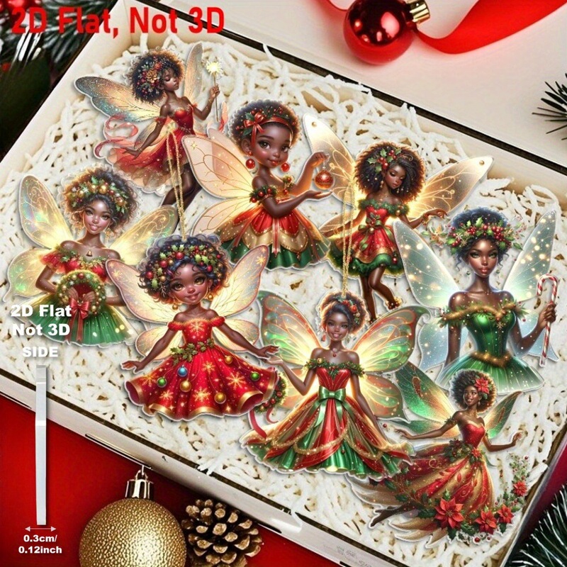 8-Piece Set of Flat Acrylic Ornaments Featuring African American Fantasy Characters, Perfect for Your Christmas Decorations