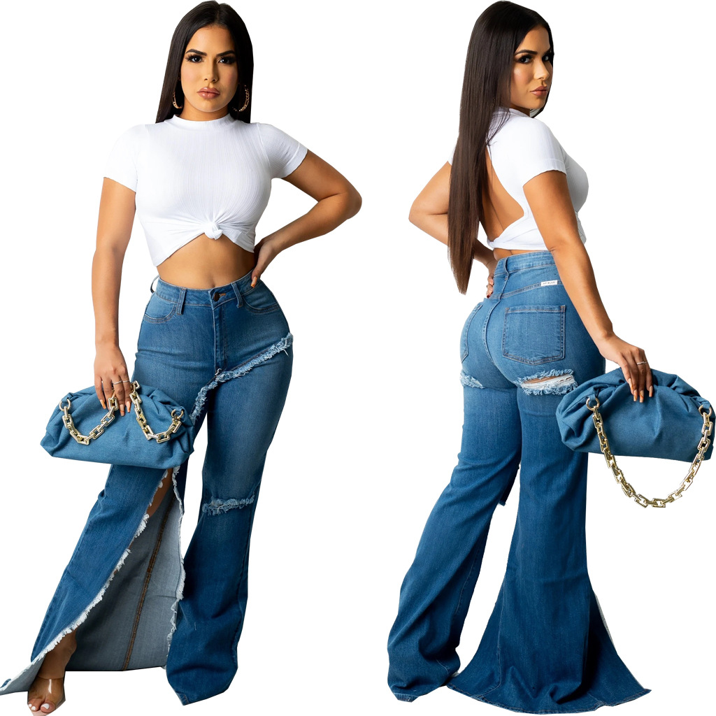 Abbigliamento da donna pantaloni alla moda slim larghi e strappati in denim lavato a zampa d'elefante_voghion.com