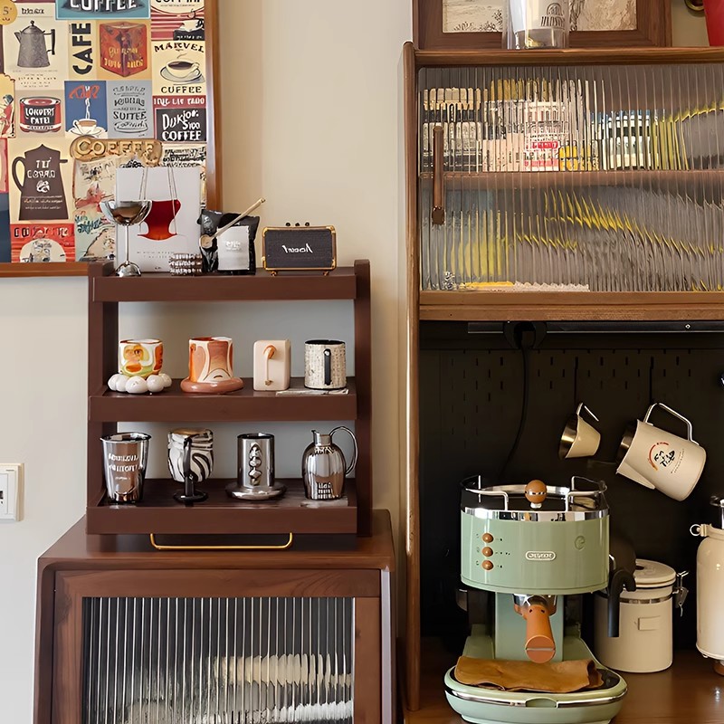 Taza de madera sólida, estante de cafetera, esquina de café, taza de agua, taza de café, estante de almacenamiento, estante de mesa