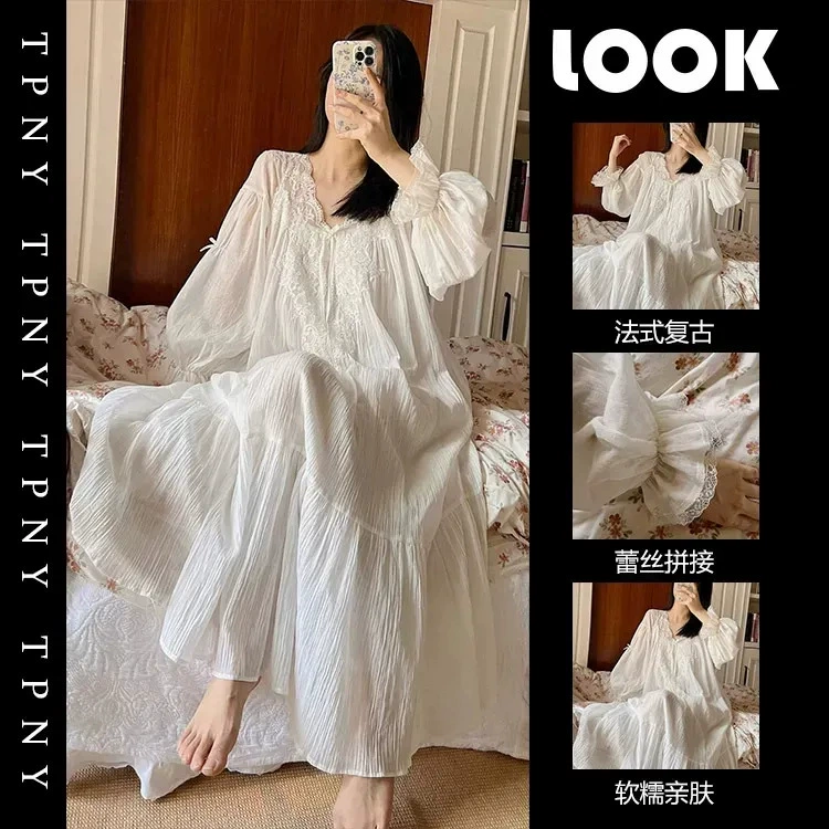 300 фунтов большого размера придворного стиля с длинными рукавами пижамы женская весна и осень свободная толстая мм200 домашнее платье платье