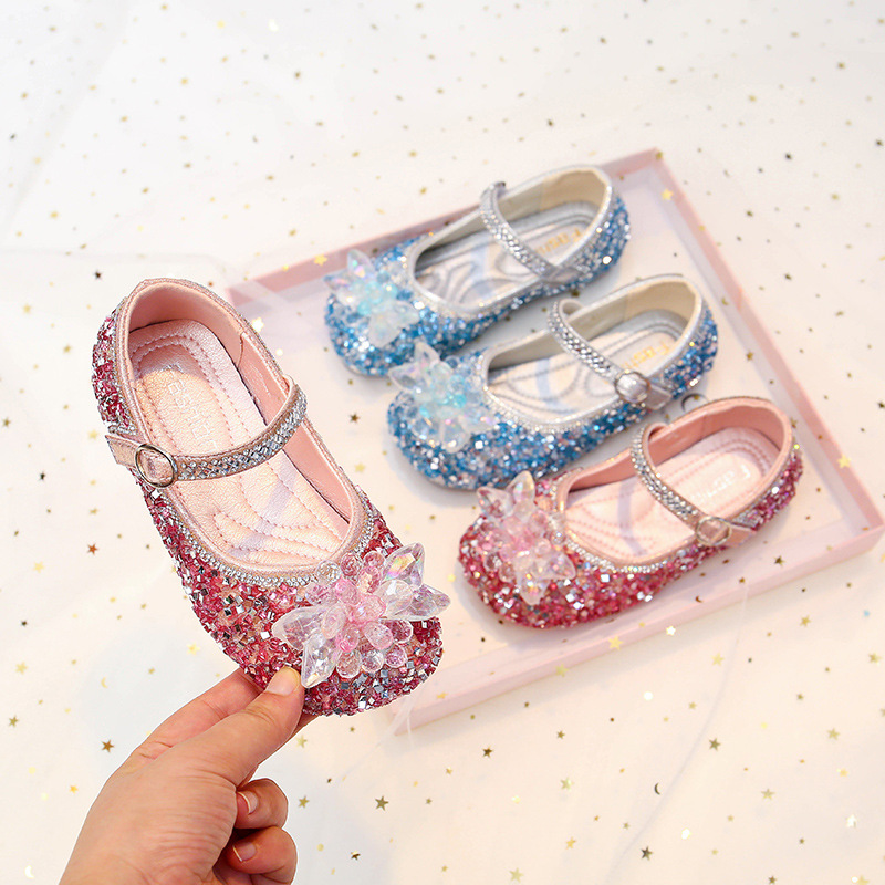 Children's Single Shoes for Girls, Princess Style with Sequins, Fashionable Crystal Design, 2026 Spring and Autumn Model, Baby Dance Shoes with Square Toe, Breathable, Wholesale
