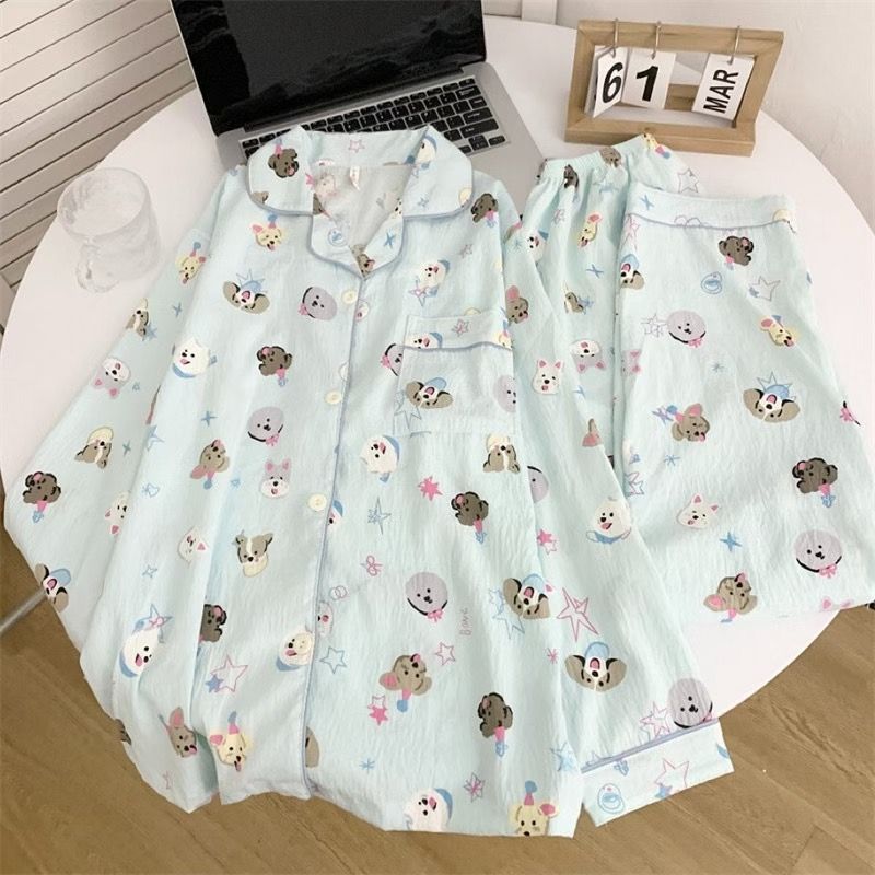 Al por mayor transfronterizo de otoño pantalones de mangas largas pijamas mujeres nubes de algodón estilo coreano dibujos animados dulces con solapa red cardigan set