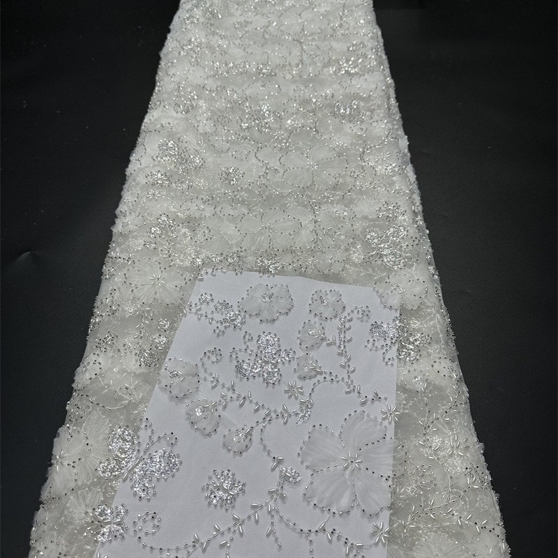 Mariposa flor plato esquinilla tubo de perlas bordado encaje tela bordada vestido de boda vestido de tela bordada alta