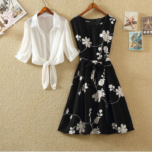 Single piece/set 2025 summer new retro printed small black dress, high-rise sleeveless slimming skirt, two-piece dress