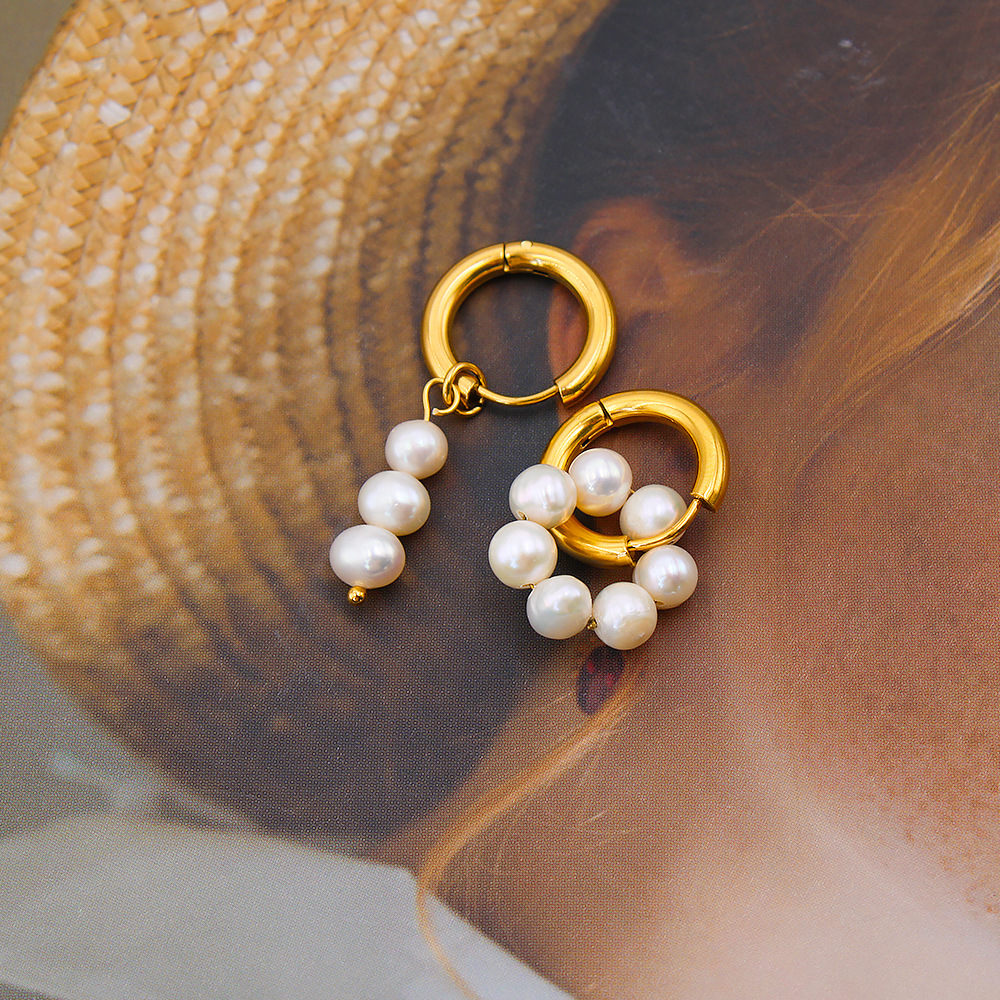 Fashion Round Stainless Steel Pearl Drop Earrings 1 Pair