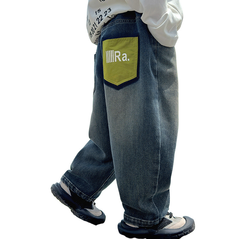 (2개) 동화 메모리 2024 봄 새 어린이 바지 어린이 한국어 편지 가죽 라벨 청바지 소년 봄 유행 바지