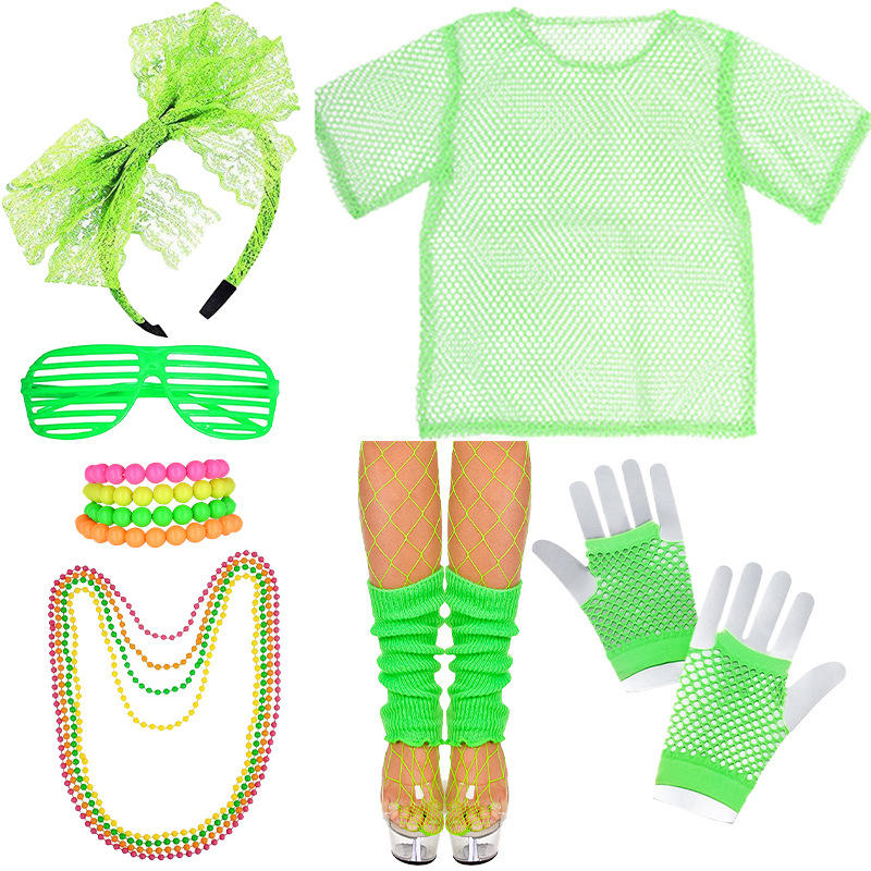 Traje de la década de 1980 fiesta de baile hebilla en la cabeza gafas cadena de cuentas rodilleras falda aretes traje de los 80