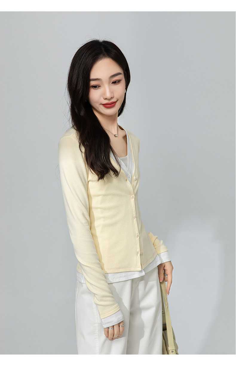 Áo cardigan cotton dệt kim cổ chữ V giả hai mảnh ngắn sành điệu — Màu vàng ngỗng chi tiết 18
