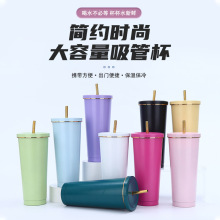 大容量304不锈钢保温杯高颜值金边吸管杯真空保冷便携随手杯水杯