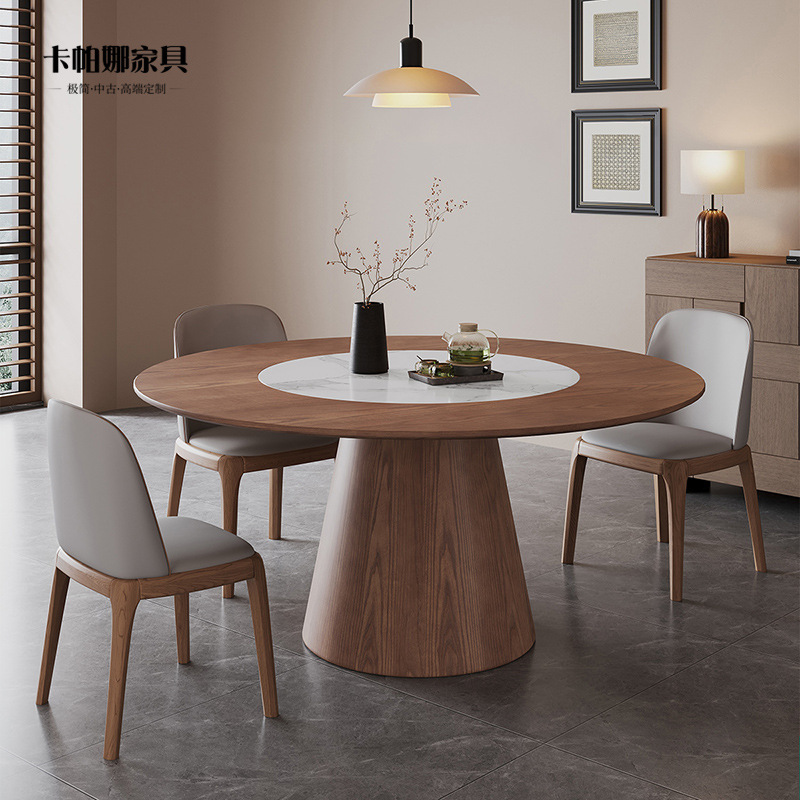 Medieval Style Solid Wood Round Dining Table with Built-In Turntable Modern Simple Round Table Home Large Ash Wood Dining Table