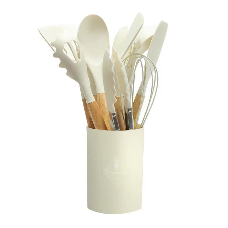 Juego de doce piezas de silicona de grado alimenticio, espátula resistente a altas temperaturas, cuchara, mango de madera de color, combinación de utensilios de cocina de silicona