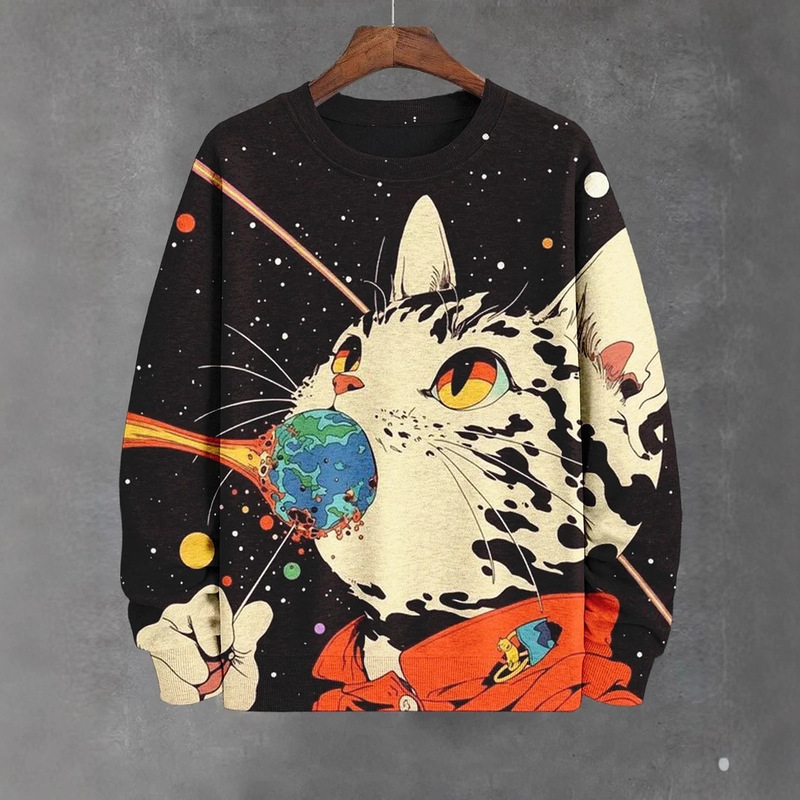 Men's Animal Cat Sweatshirt Long-Sleeve Crew Neck Fashion Cool Daily 3D Printed Japanese Art Design